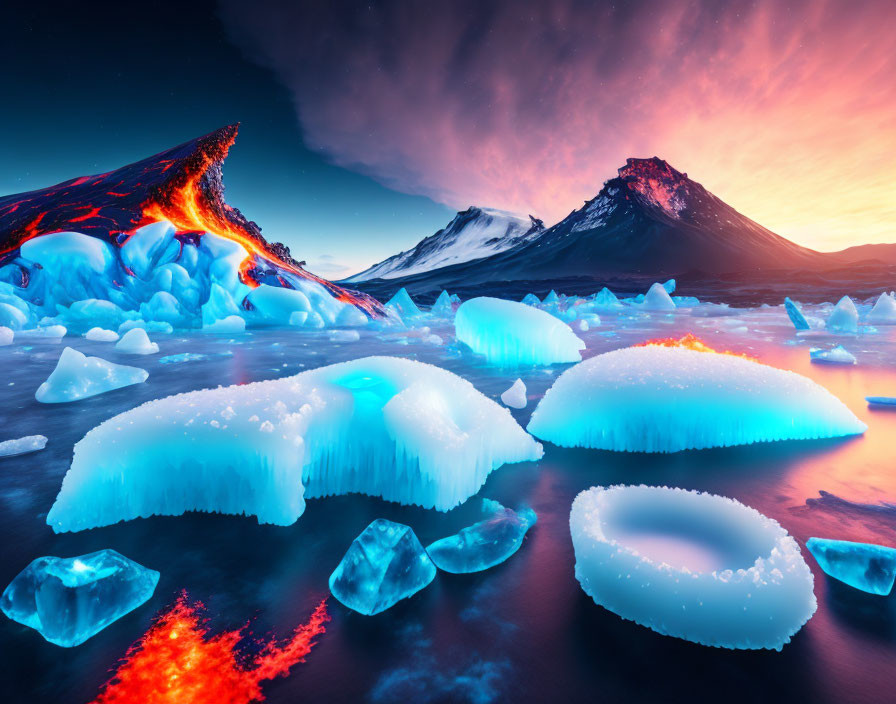 Vivid volcanic lava meets icy waters under dramatic sky