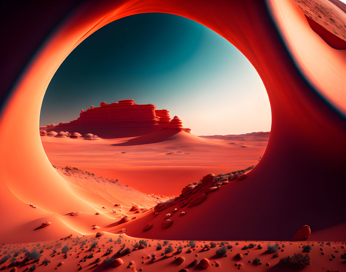 Surreal desert landscape with large arch formation under reddish sky