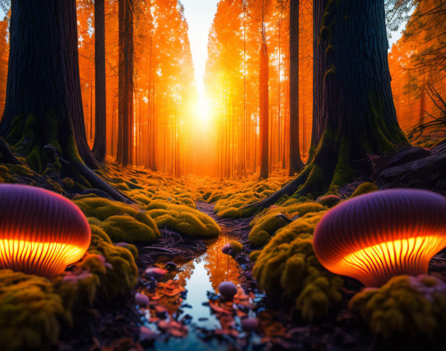 Serene forest sunset with vibrant moss and glowing mushrooms