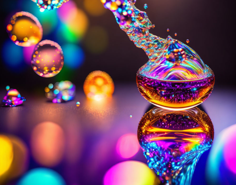 Colorful Water Droplet Splash with Glowing Bokeh Lights