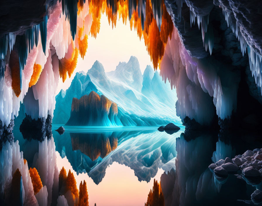 Surreal landscape with icy peaks, tranquil lake, and vibrant orange icicles