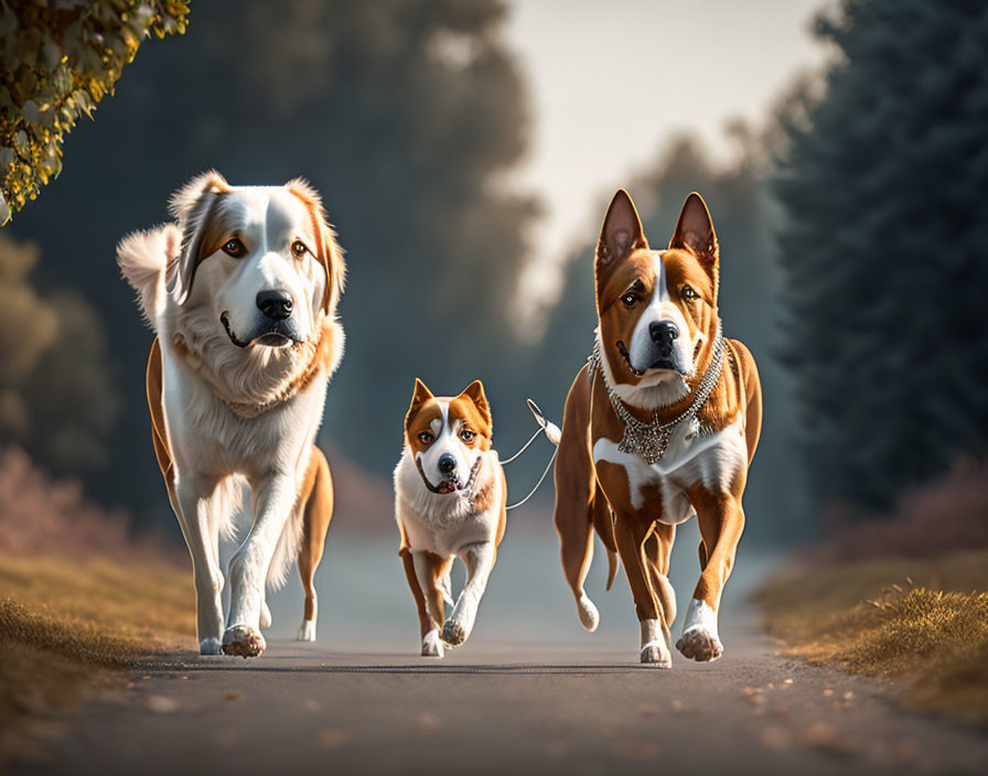 Three Dogs Walking on Path in Outdoor Setting