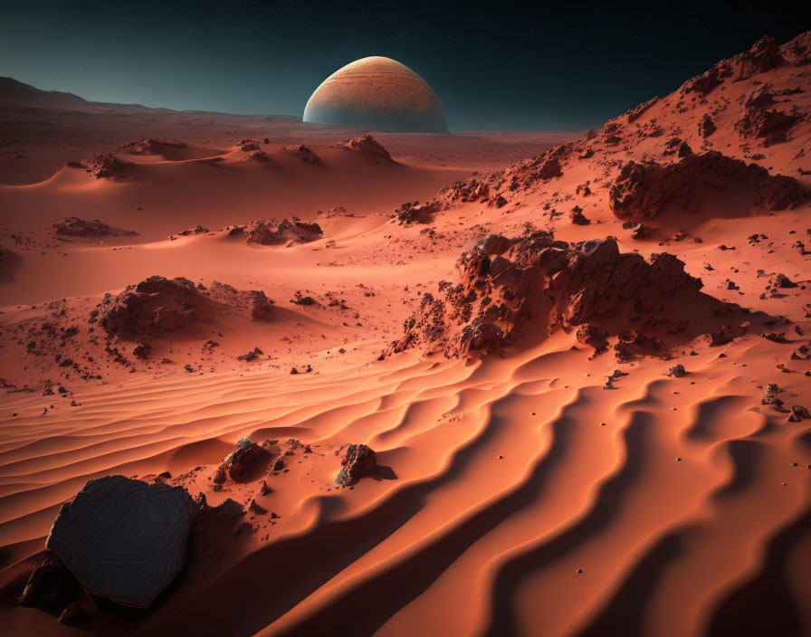 Red Desert Landscape with Sand Dunes and Giant Planet in Dark Sky