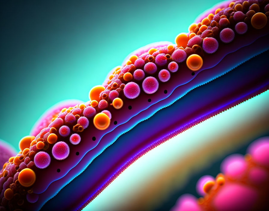 Colorful Microscopic View: Pink and Orange Entities on Purple Structure