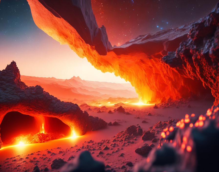 Otherworldly landscape with glowing lava, starry sky, and red-hued terrain