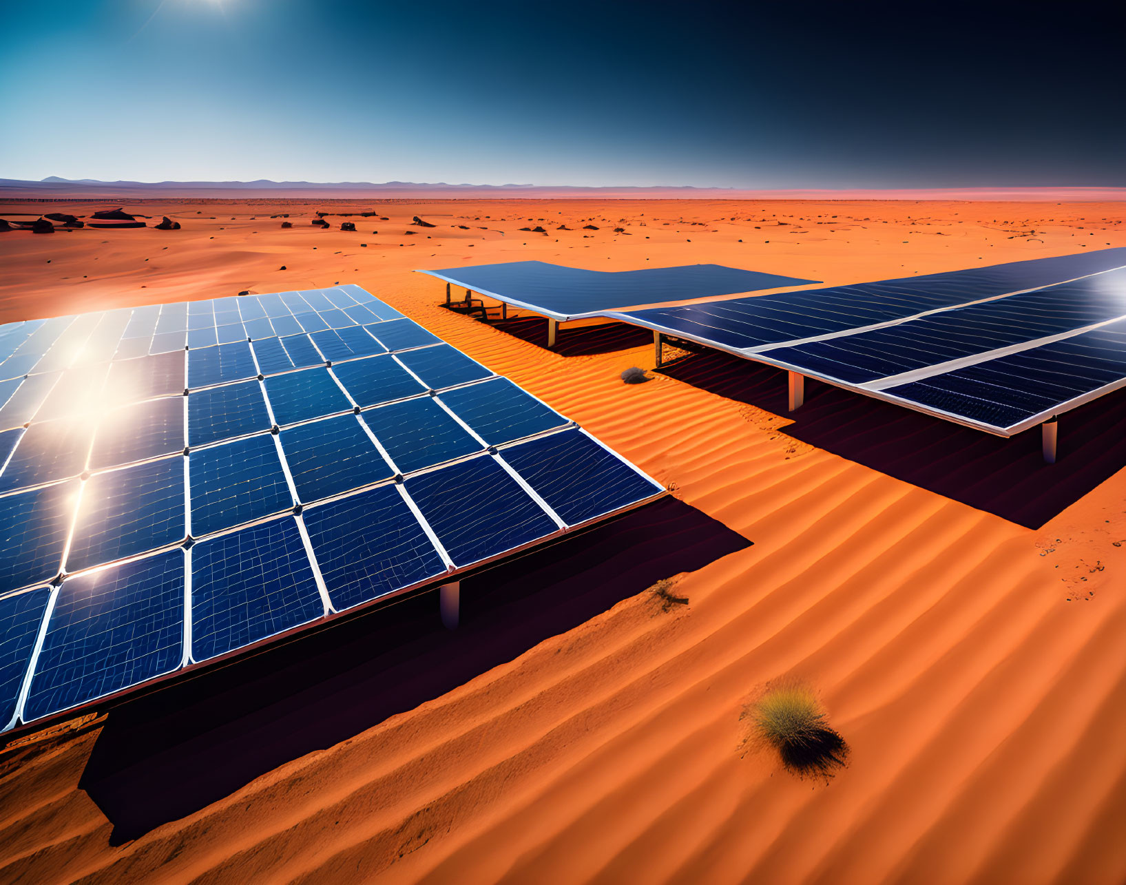 Solar panels on sand dunes under vivid blue sky