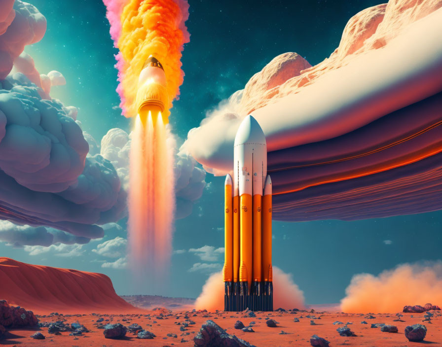 Rocket launch in orange Martian landscape with surreal clouds.