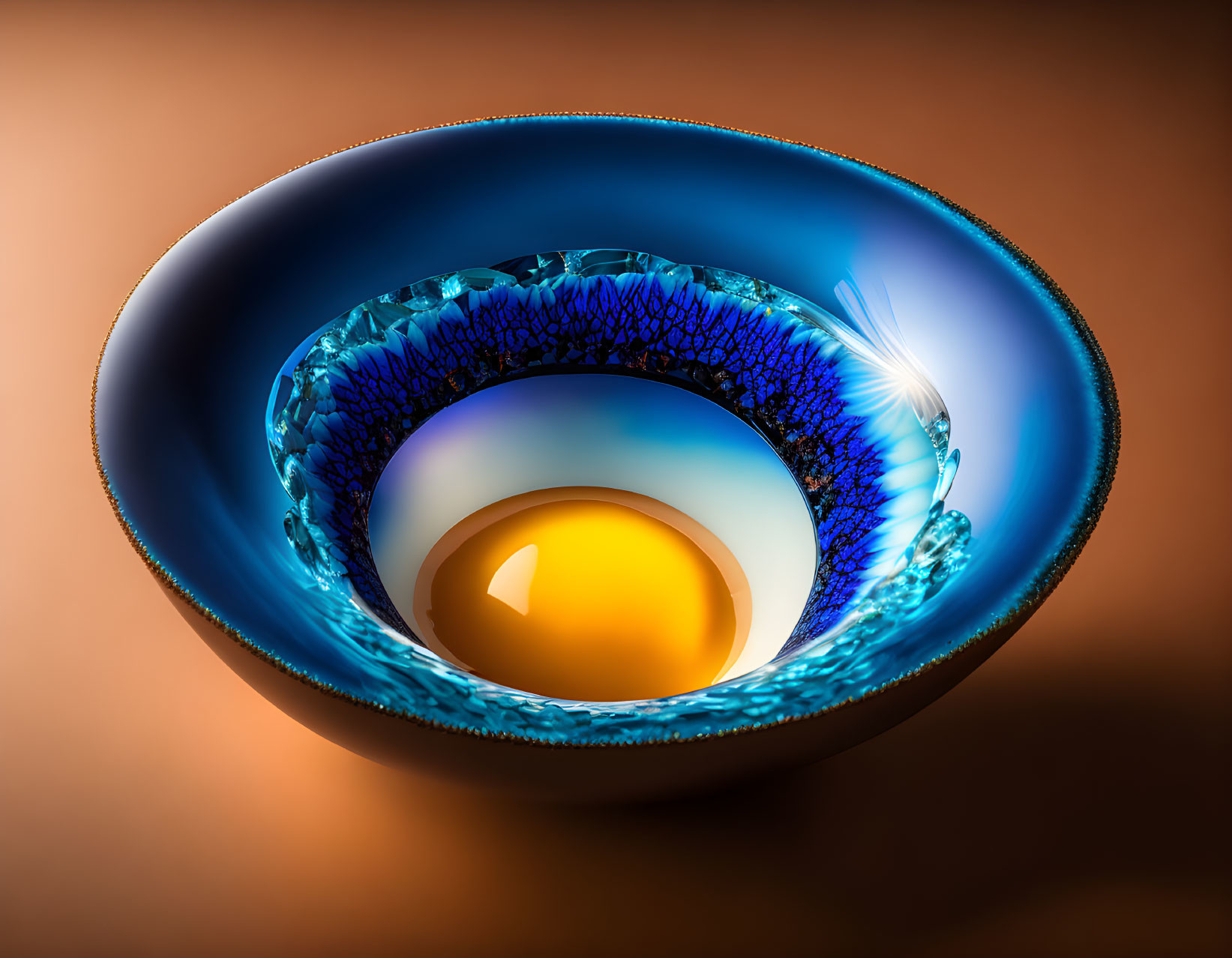 Stylized glass bowl art with blue eye design on amber background