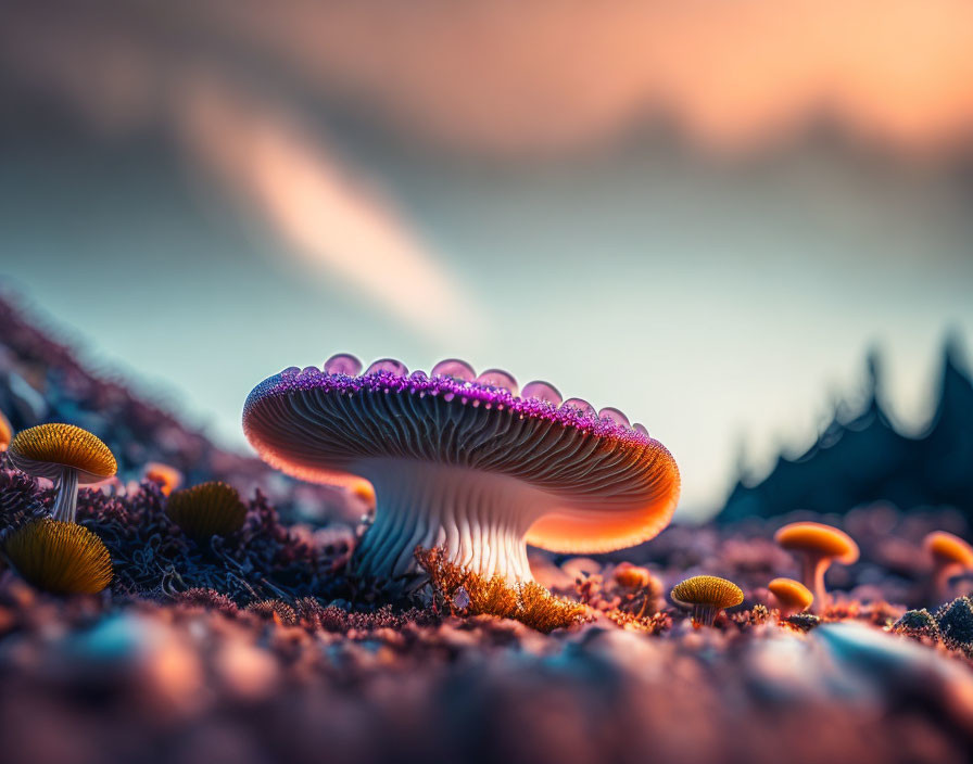 Colorful close-up of mushroom with purple underside and orange fungi in forest at sunset