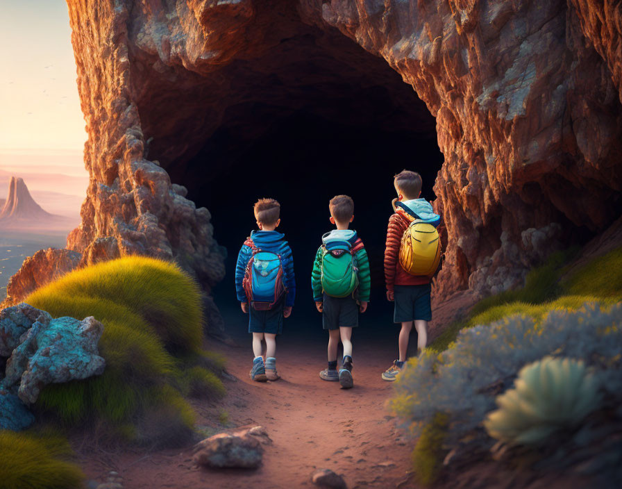 Children with backpacks at cave entrance in rocky terrain at sunset