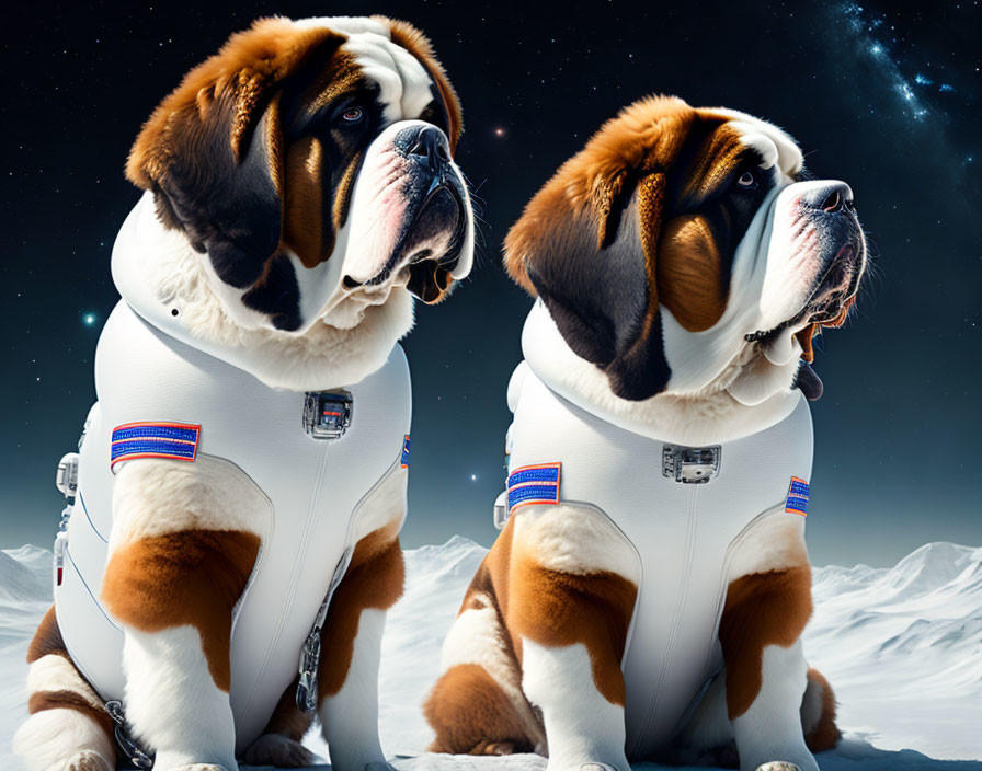 Saint Bernard dogs in astronaut suits on moon-like surface with stars