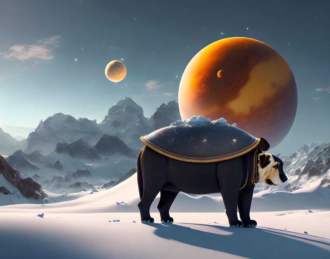 Elephant in snowy landscape with mountains and celestial bodies