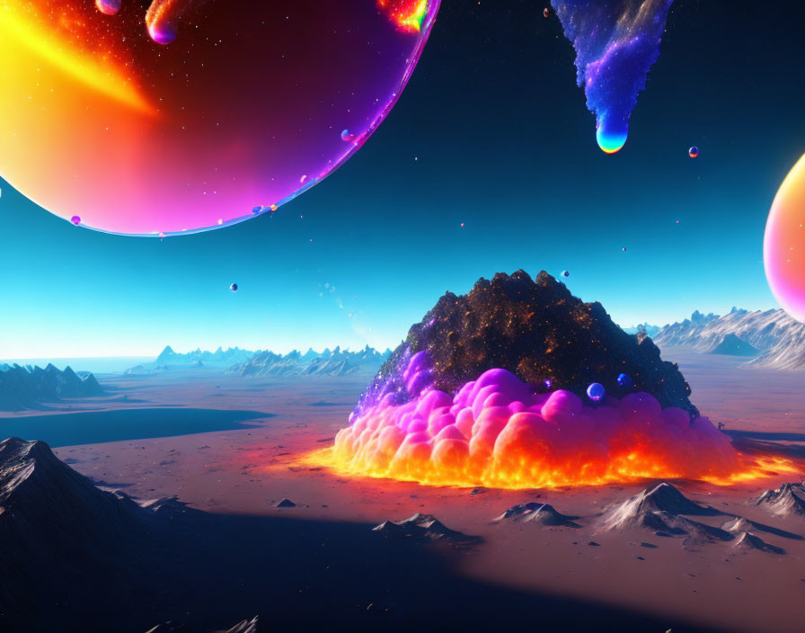 Colorful alien landscape with fiery explosion and celestial bodies over frozen terrain