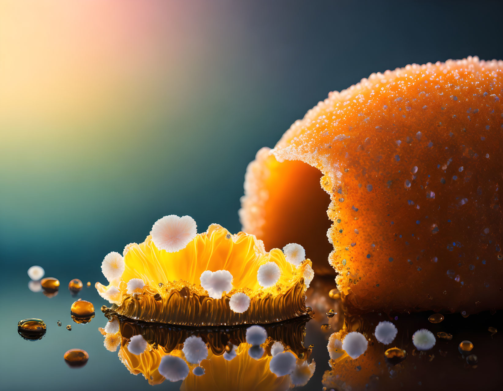 Close-up of orange subject with water droplets and yellow fungi on reflective surface.