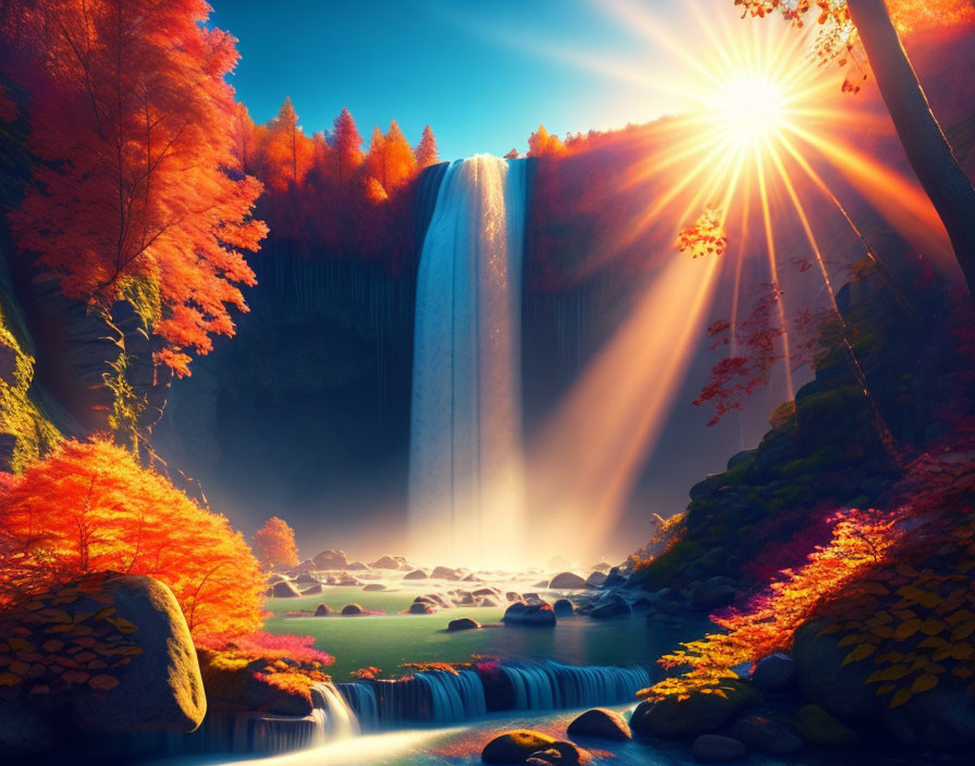 Majestic waterfall with autumn sunbeams and misty riverbed