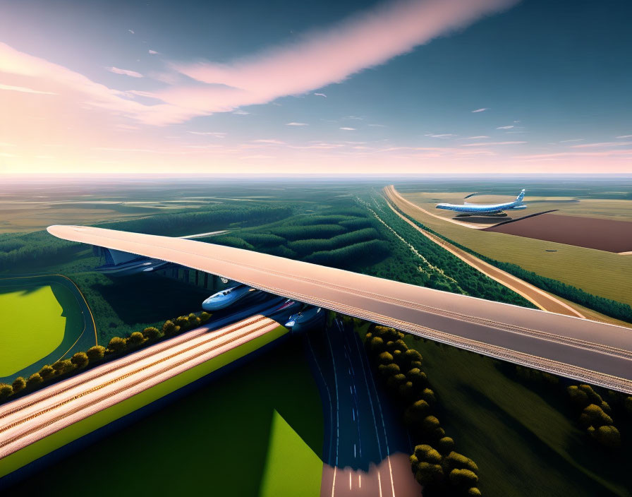 Futuristic high-speed train on elevated track over sunset fields & highway