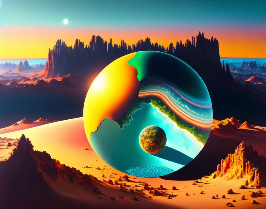 Colorful Marbled Sphere in Surreal Desert Landscape