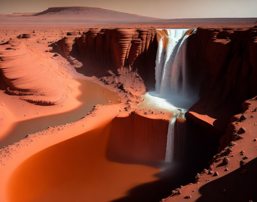 Surreal desert landscape with waterfall cascading into canyon