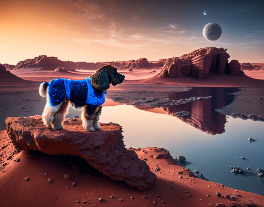 Dog in jacket on rock with moonlit desert reflection