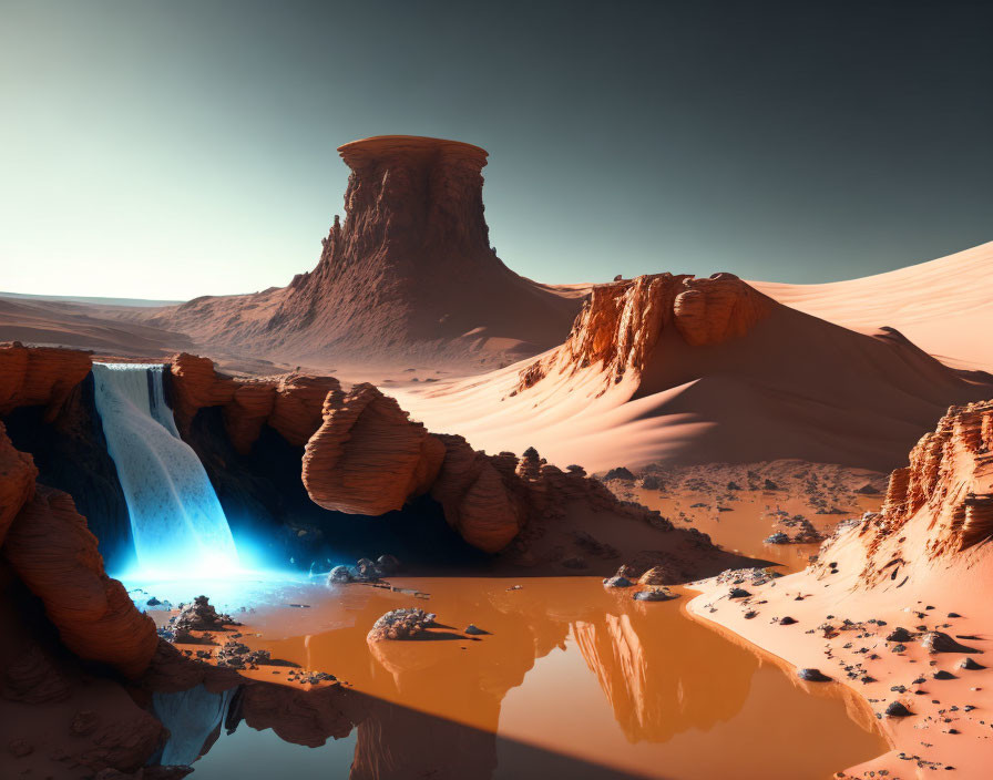 Surreal desert landscape with rock formation, waterfall, and reflecting pool