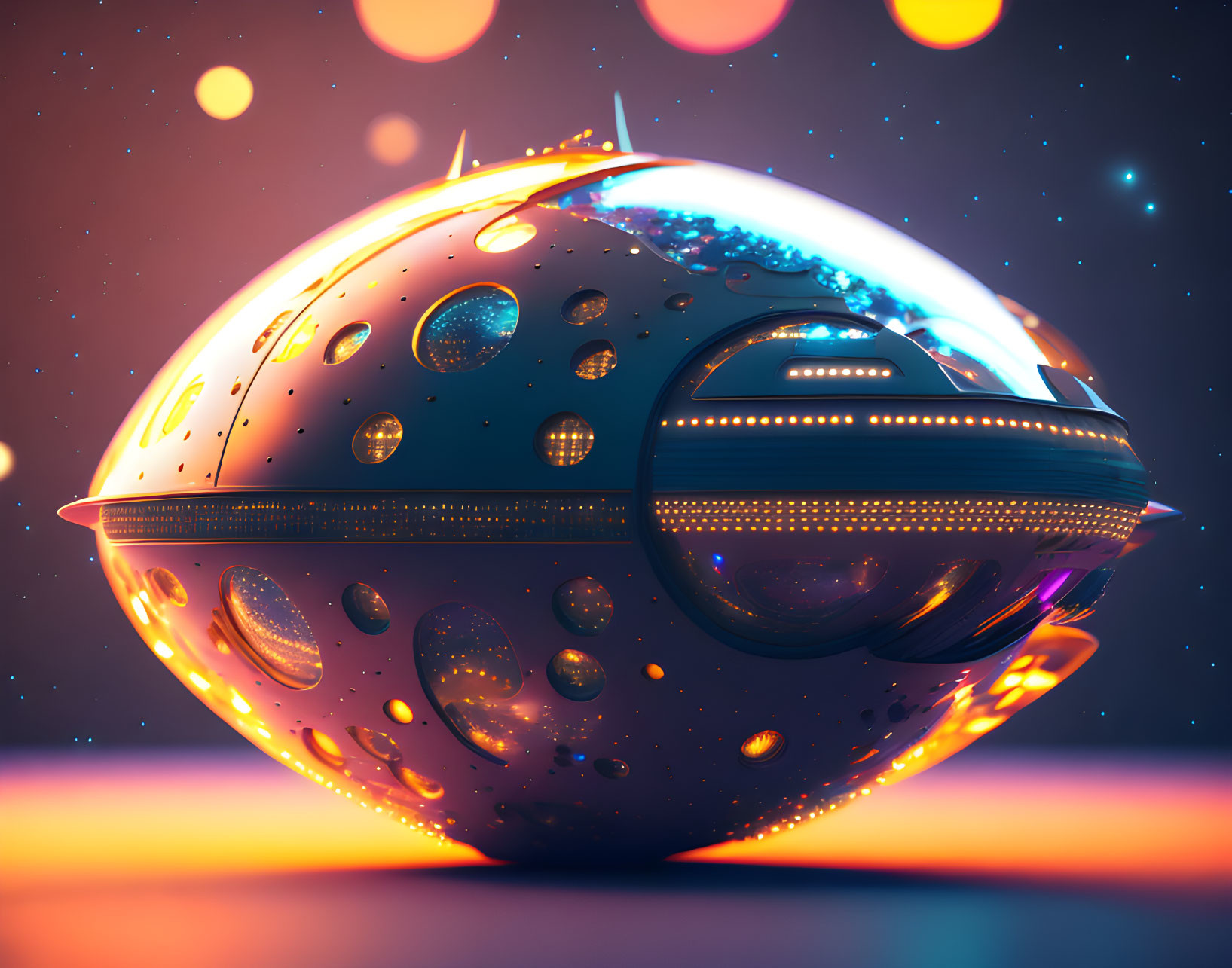 Spherical Spaceship with Glowing Windows and Cosmic Backdrop