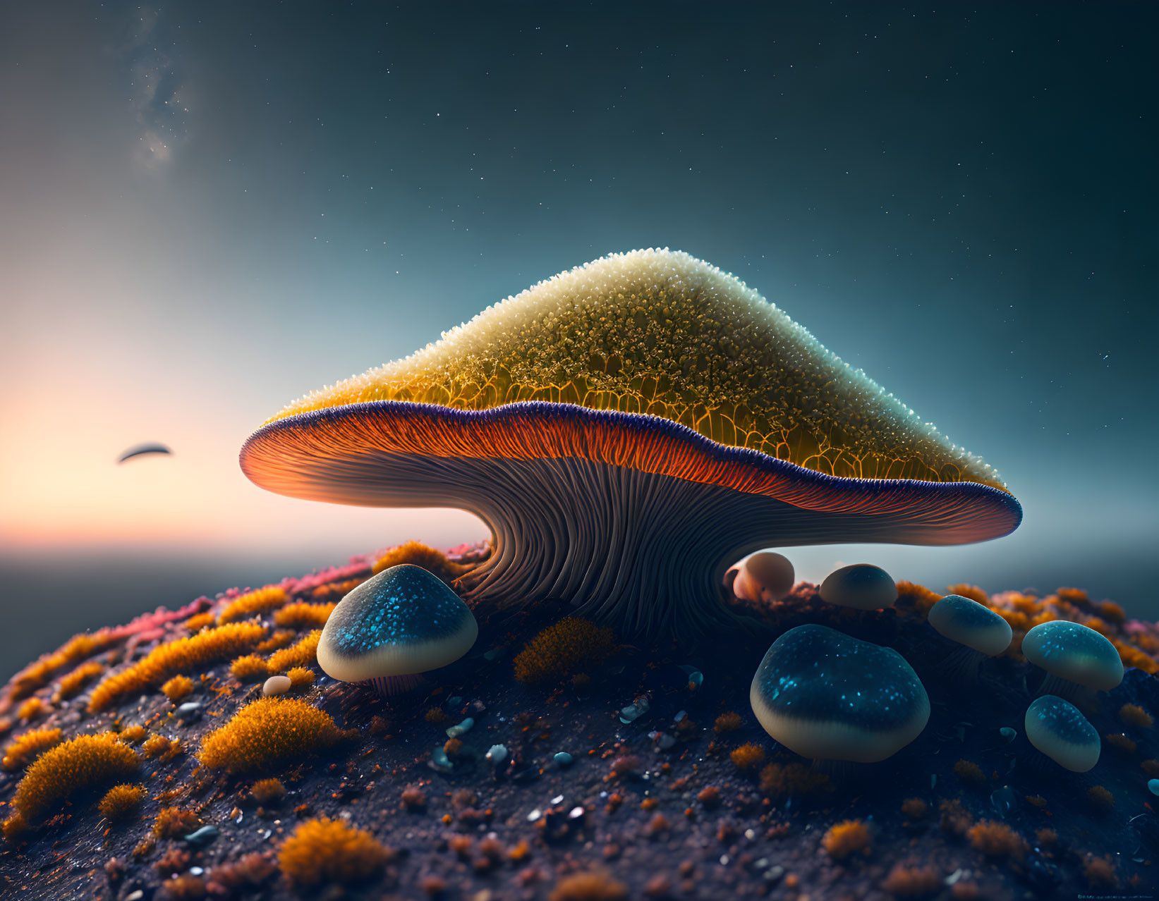 Surreal landscape with giant mushrooms and twilight sky