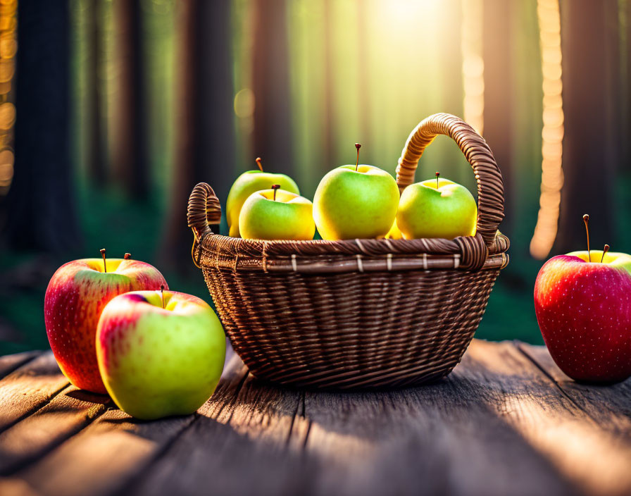 Fresh Apples in Wicker Basket on Wooden Table in Sunlit Forest