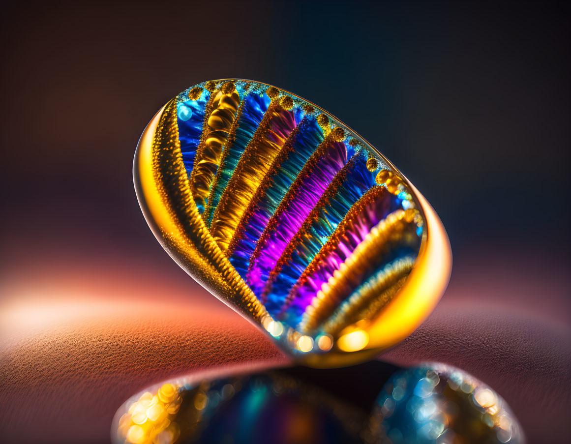 Iridescent ridged object reflecting on shiny surface against blurred background