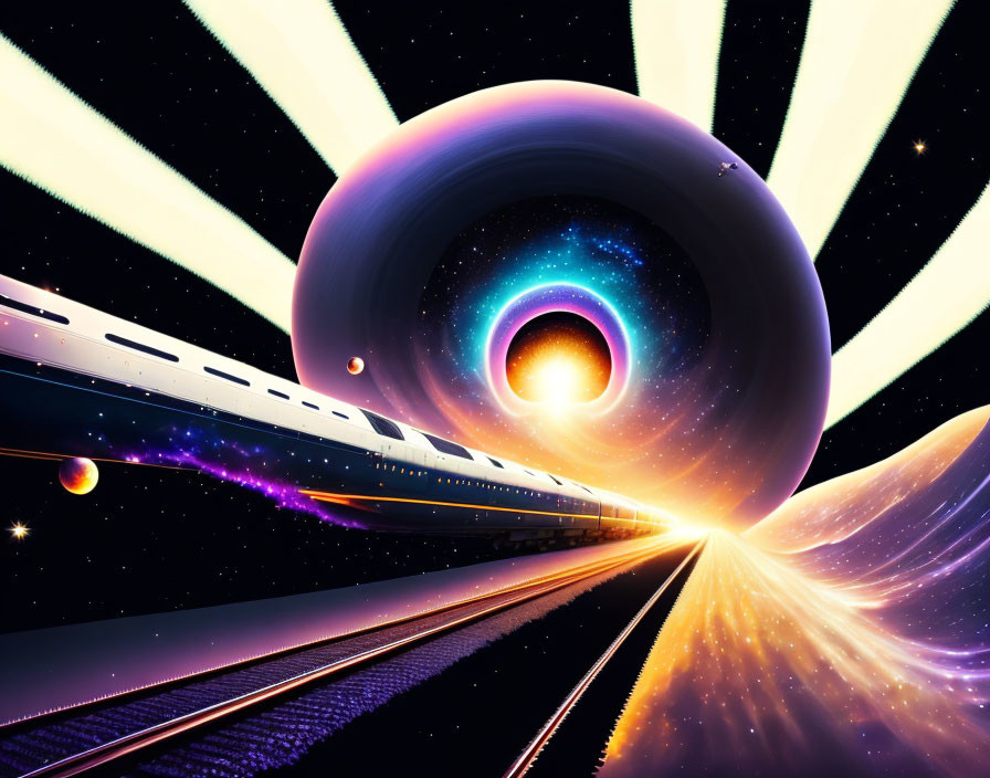 Futuristic space train entering swirling wormhole in cosmic scene