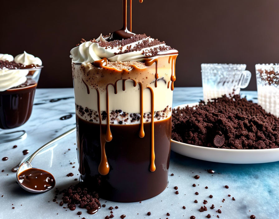 Layered dessert with whipped cream, chocolate drizzle, and cookie crumbles in a glass.