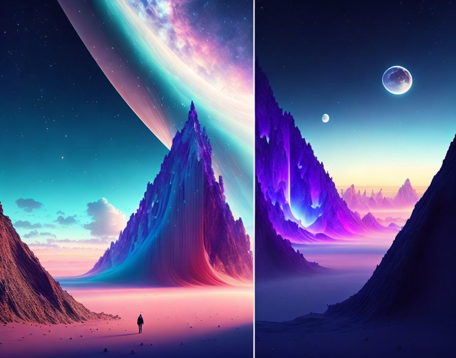 Digital artwork: Person in surreal landscapes with vibrant skies