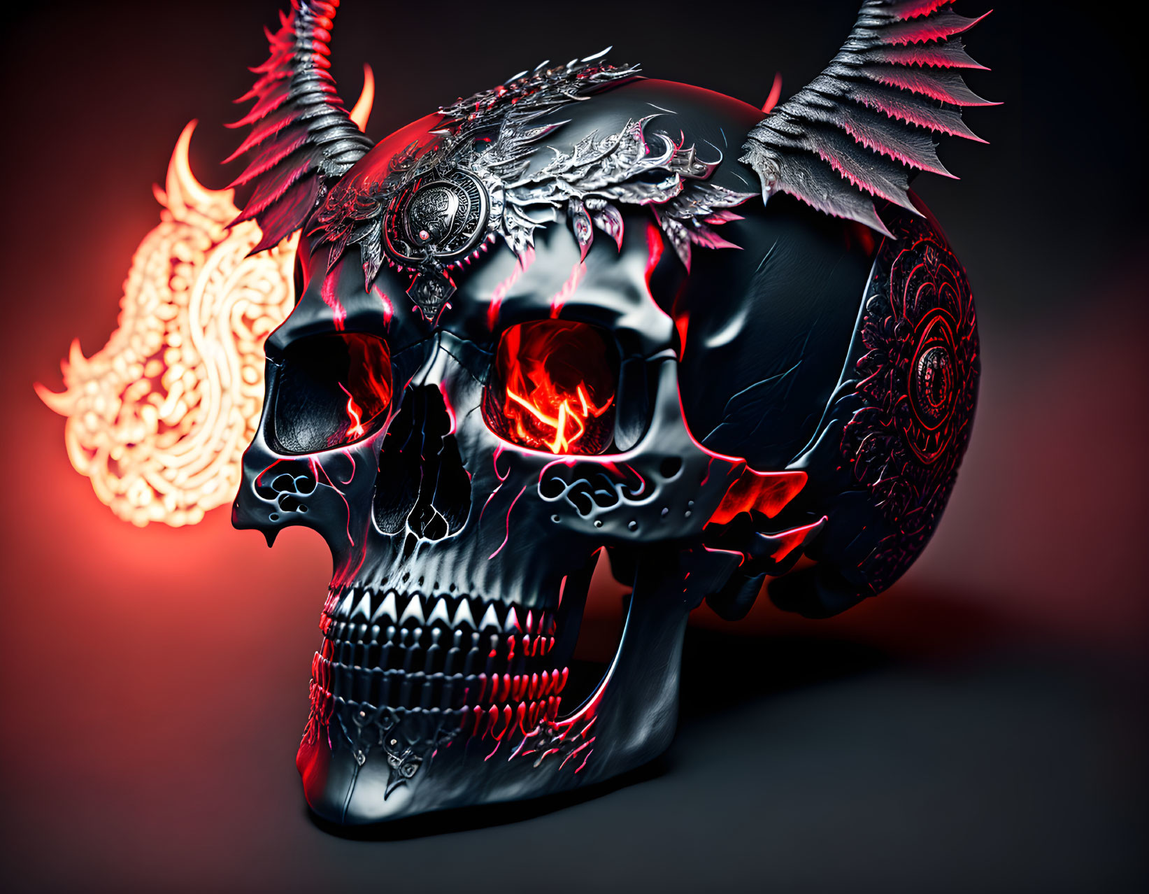 Metallic skull with dragon-like features and glowing red eyes on dark background