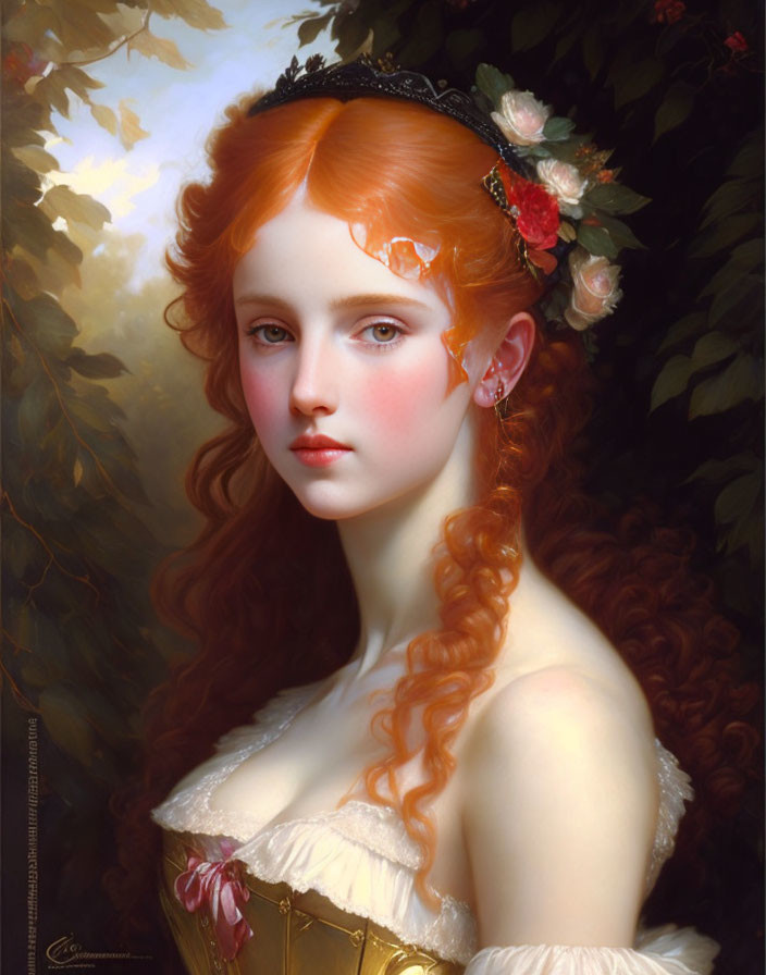 Portrait of young woman with red hair in white and gold dress