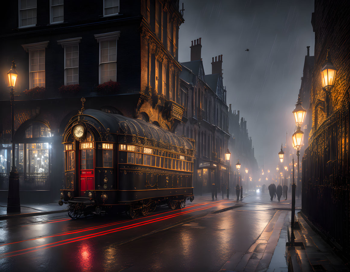 Vintage-style tram on rainy cobblestone street at night with silhouetted figures and warm street