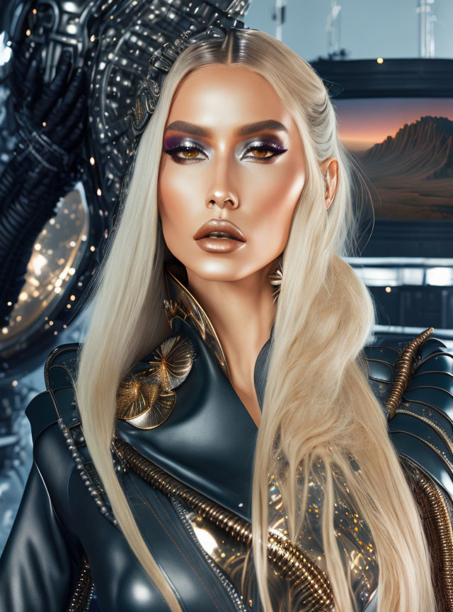 Futuristic female character with platinum blonde hair in metallic black and gold armor.