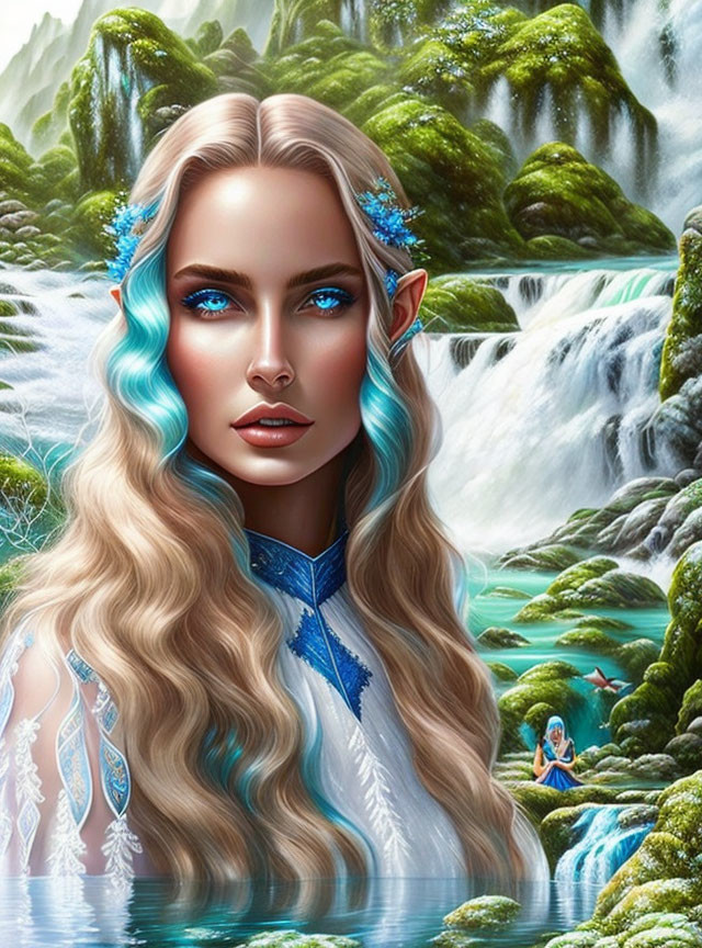 Fair-skinned female elf with blonde hair in blue outfit by waterfall landscape