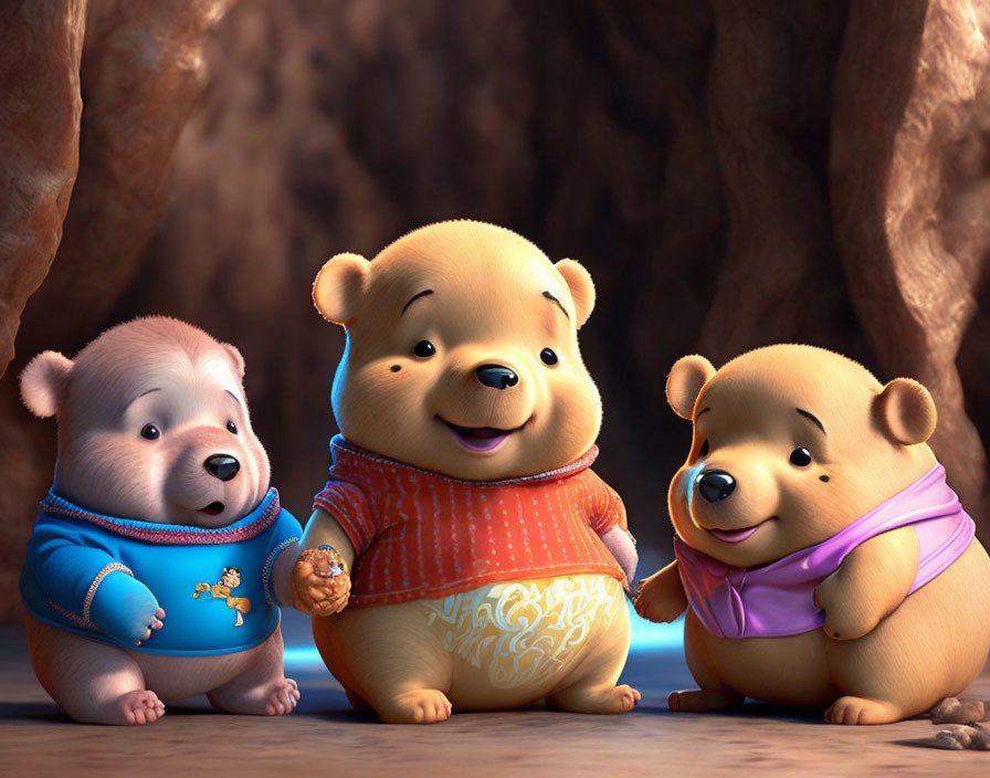 Three animated bear cubs in different colored outfits smiling in cave setting