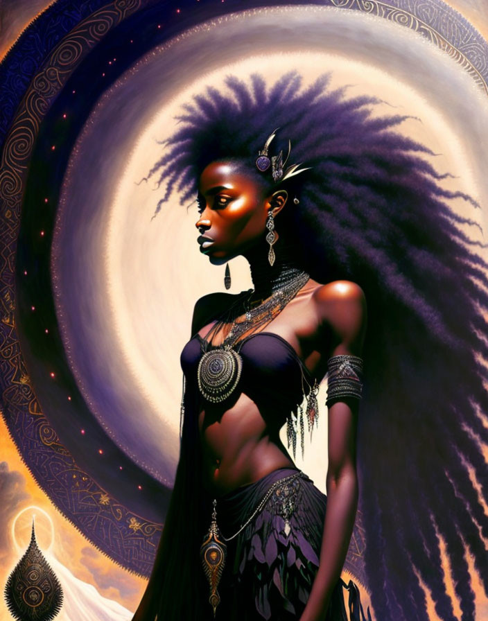 Dark-skinned woman adorned with African-inspired jewelry in cosmic setting.