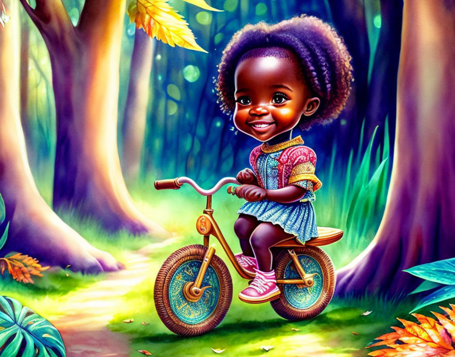 Smiling toddler with bike in vibrant forest