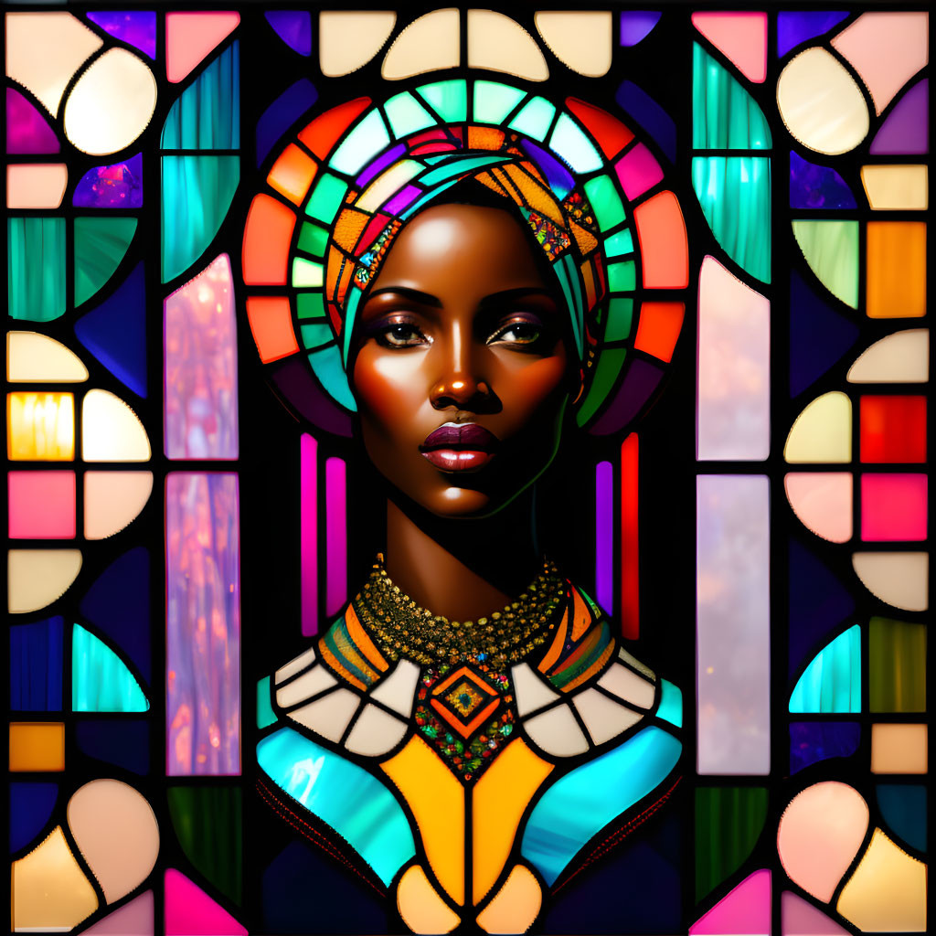 Colorful Stained Glass Art of Woman with Intricate Patterns