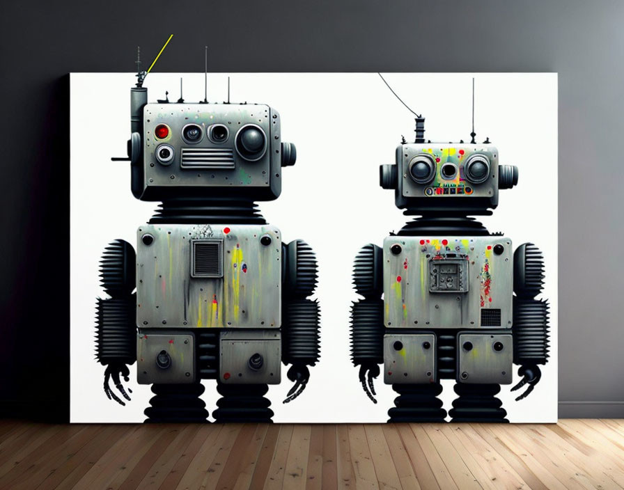 Colorful Vintage Robots with Antennas Against Dark Wall