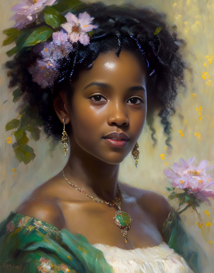 Young woman in flower crown and green dress gazes at viewer