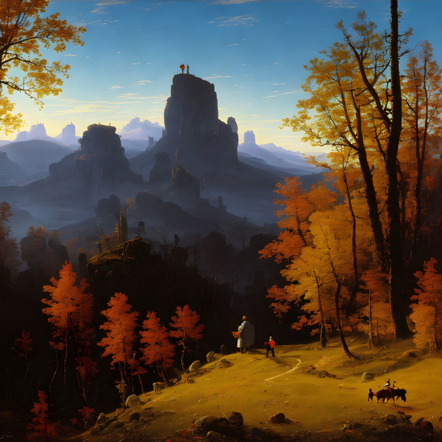 Autumnal forest landscape with travelers and rock formation