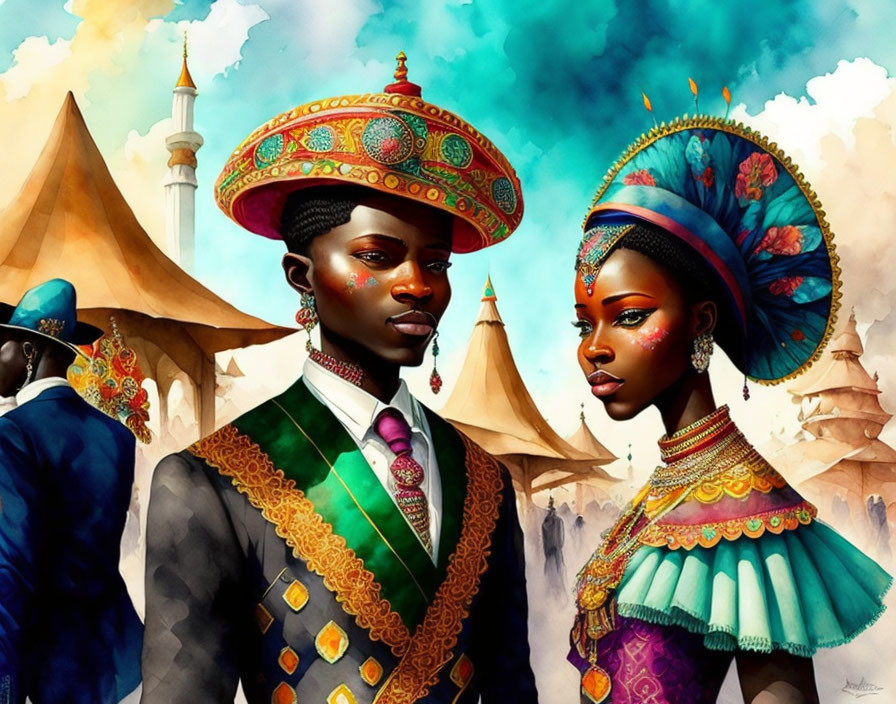 Vibrant African-inspired couple in regal attire against architectural backdrop