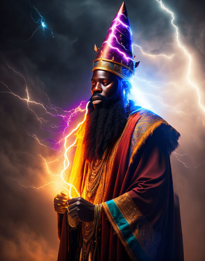 Bearded figure in purple wizard attire with lightning background