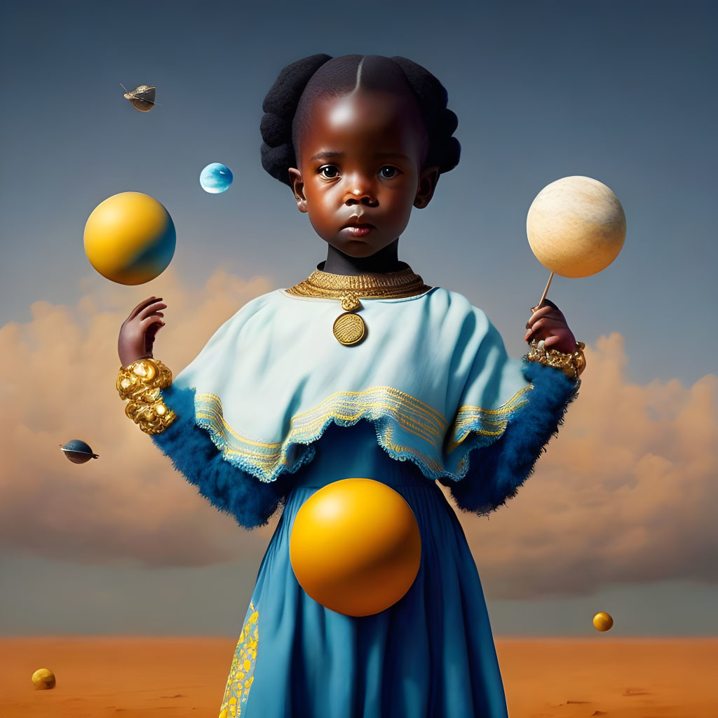 Surreal portrait of young girl in blue and gold dress with orbs and butterflies in desert landscape