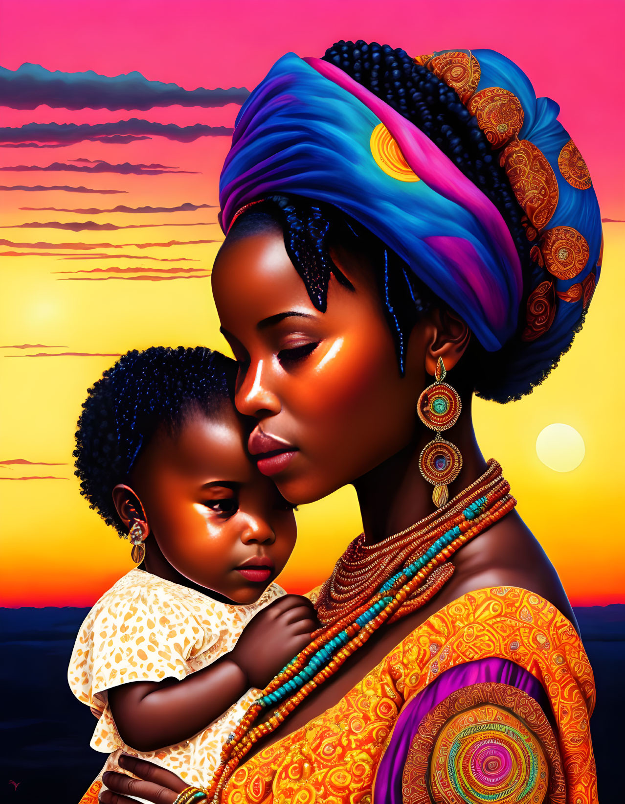 Colorful digital artwork: Woman with child in headwrap against sunset.