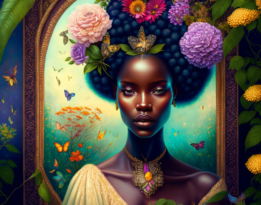 Illustrated portrait of a woman with floral crown, vibrant flowers, butterflies, and mystical backdrop