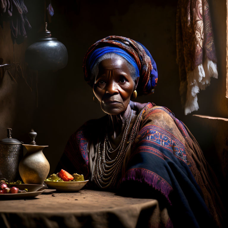 Elderly woman in traditional attire at wooden table with food