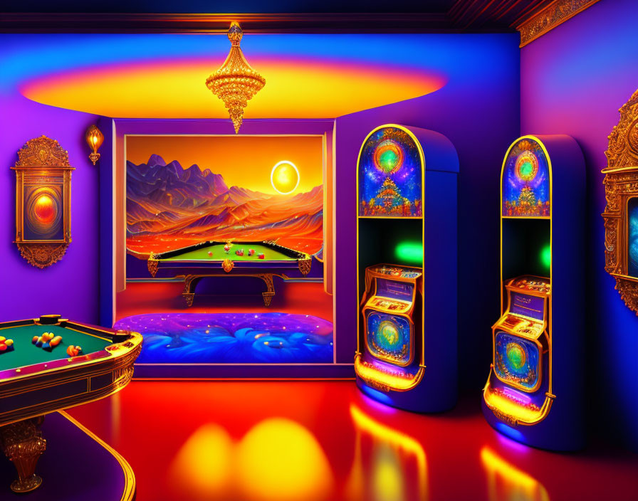 Colorful Room with Pool Table, Slot Machines, and Desert Sunset Painting